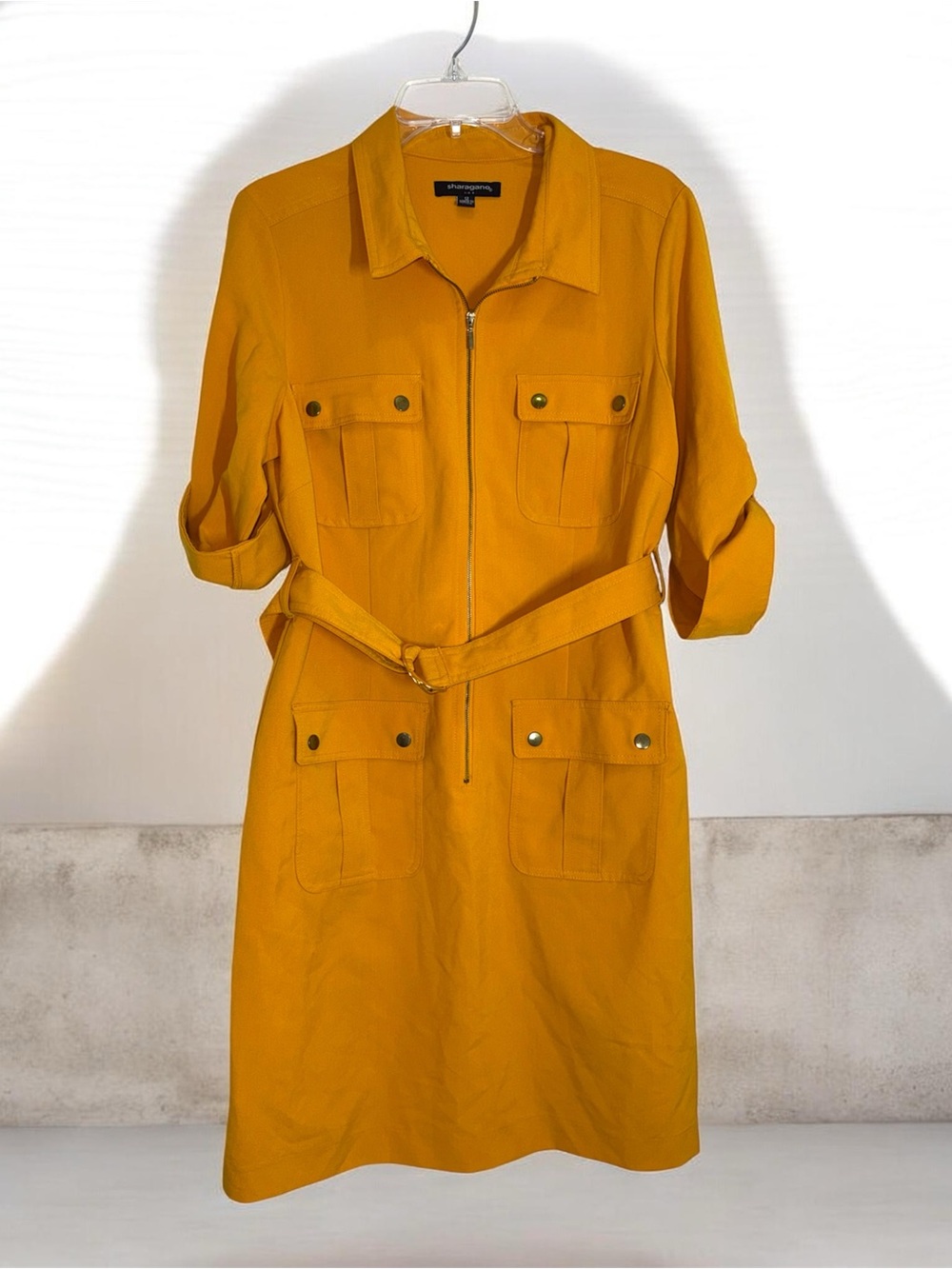 Sharagano Mustard Utility Jacket Midi Dress with Belt & Roll Tab Sleeves size 12